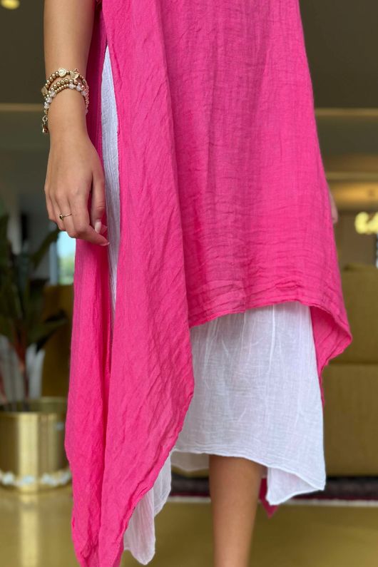 Pure Linen Jensen Two Piece Split Side Dress Small Flamingo